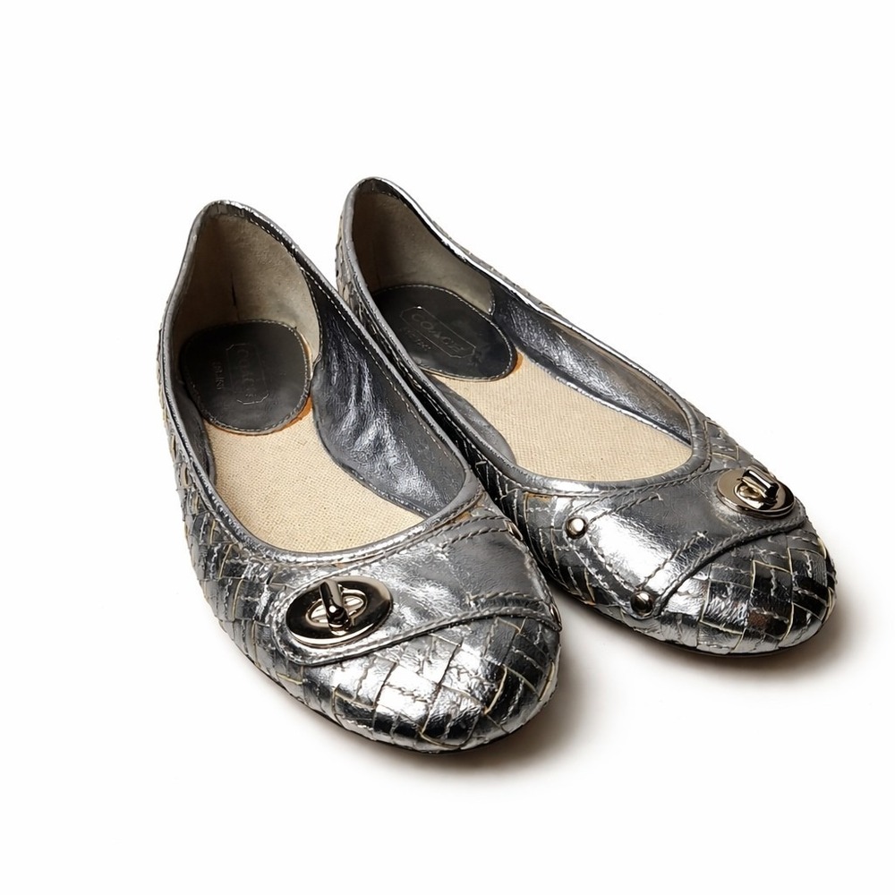 Coach Metallic Silver Women’s Flats with Turn-Lock Accent